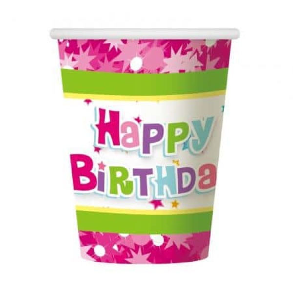 Papierové poháre Happy Birthday ružové, 270ml, 6ks
