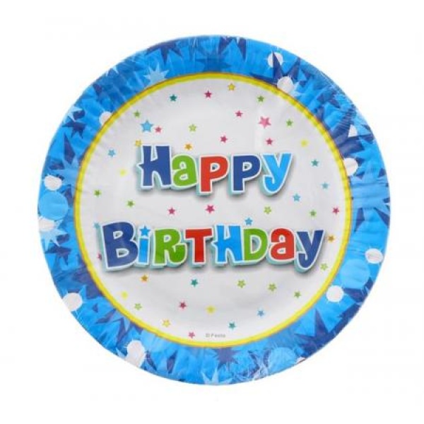 Papierové taniere Happy Birthday modrý, 18cm, 6ks