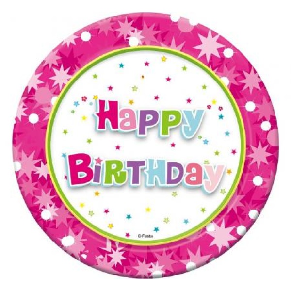 Papierové taniere Happy Birthday ružový, 18cm, 6ks