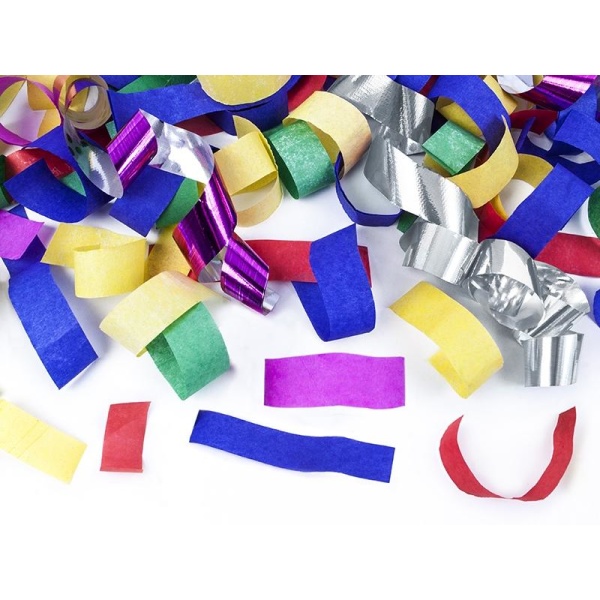 Vystreľovacie konfety farebné papierové a metalické pásiky, 60cm