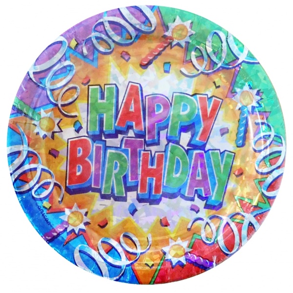 Papierové holografické taniere Happy Birthday, 18cm, 8ks