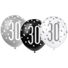 Balóny 30. narodeniny, biely, šedý, čierny, 30cm, 6ks