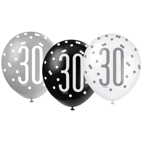 Balóny 30. narodeniny, biely, šedý, čierny, 30cm, 6ks