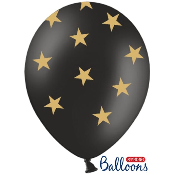 Balón čierny so zlatými Hviezdami, 30cm, 1ks