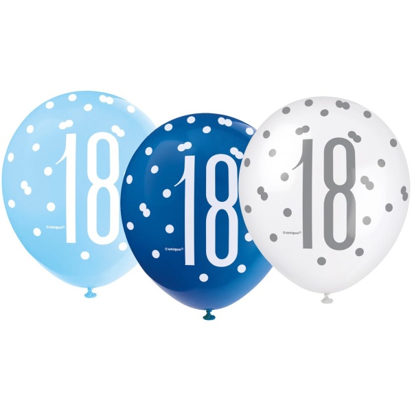 Balóny 18. narodeniny, biely, bledomodrý, modrý, 30cm, 6ks