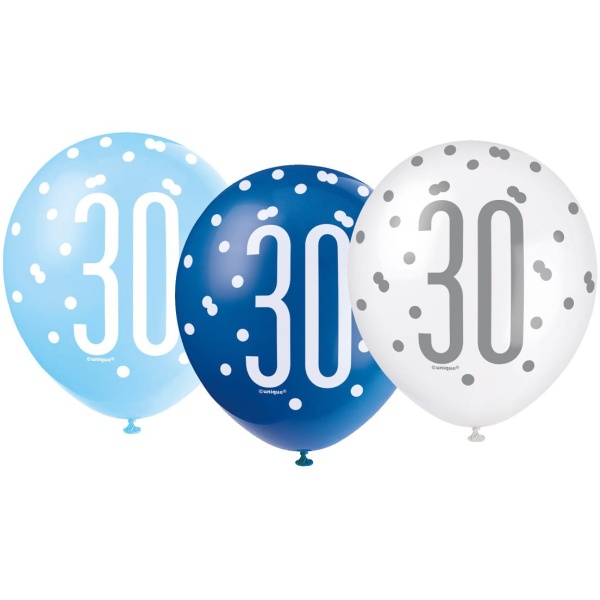 Balóny 30. narodeniny, biely, bledomodrý, modrý, 30cm, 6ks