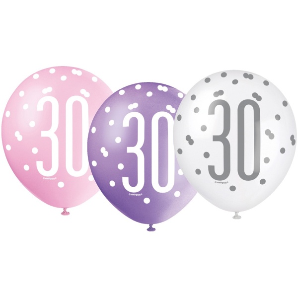 Balóny 30. narodeniny, biely, ružový, fialový, 30cm, 6ks