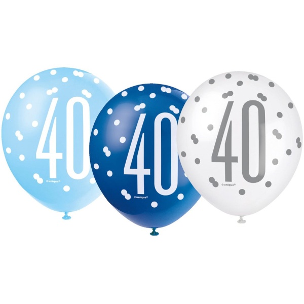 Balóny 40. narodeniny, biely, bledomodrý, modrý, 30cm, 6ks