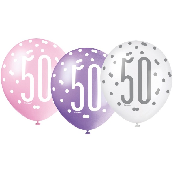 Balóny 50. narodeniny, biely, ružový, fialový, 30cm, 6ks