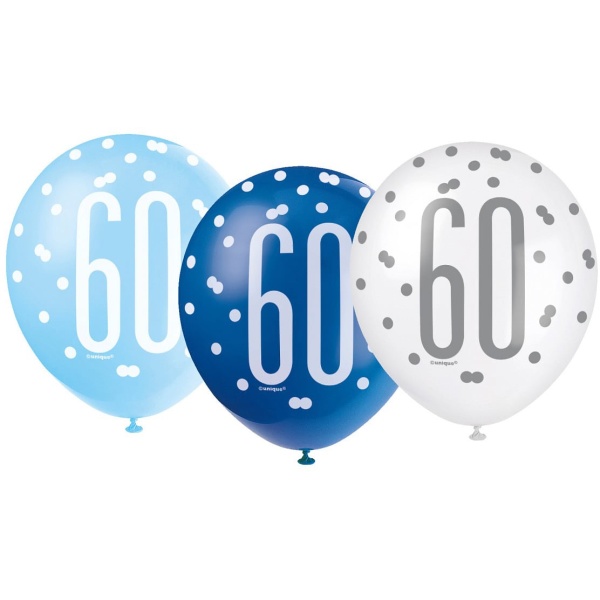 Balóny 60. narodeniny, biely, bledomodrý, modrý, 30cm, 6ks