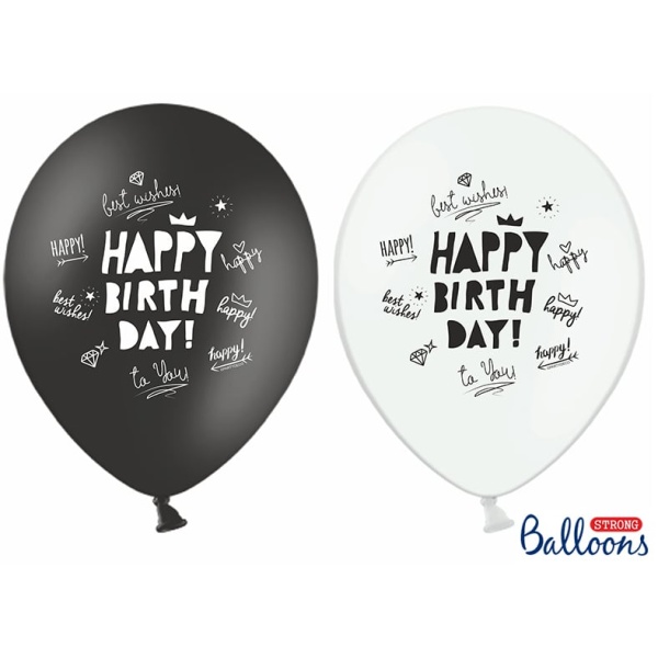 Balóny Happy Birthday biele a čierne, 30cm, 1ks