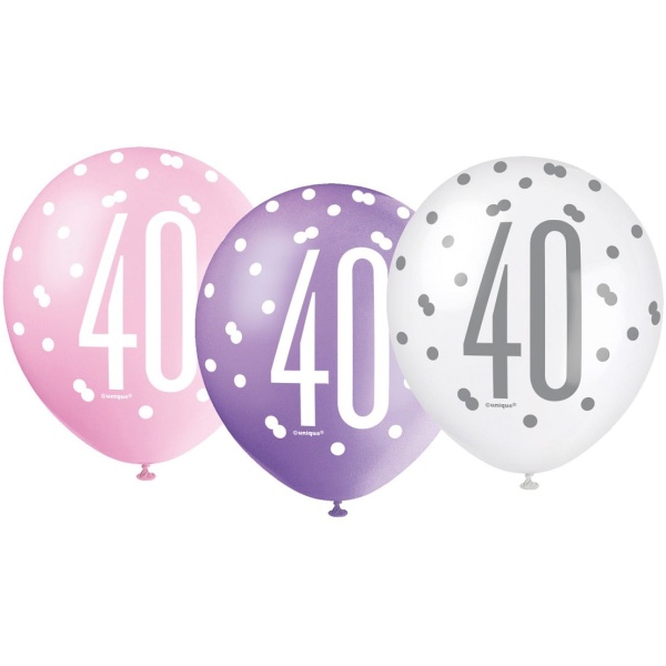 Balóny 40. narodeniny, biely, ružový, fialový, 30cm, 6ks