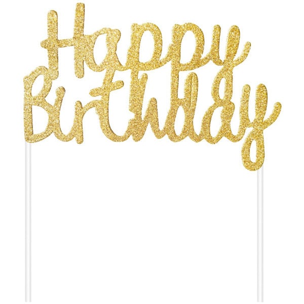 Nápis na tortu Happy Birthday zlatý trblietavý, 11x14cm