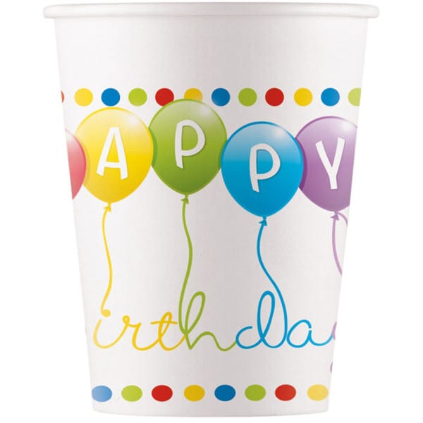 Papierové poháre Happy Birthday, 200ml, 8ks