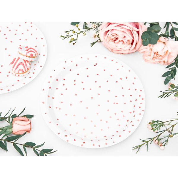 Papierové taniere biele z ružovo zlatými bodkami, 18cm, 6ks