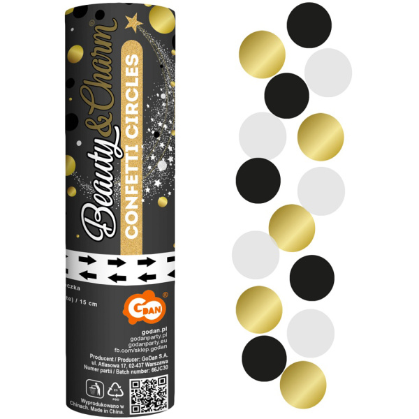 Vystreľovacie konfety kolieska zlaté, čierne, biele, 15cm
